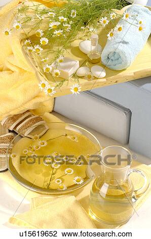 Decotion with camomile in a glas bowl and a glas jug, soap bar and towel on a wooden tray View Large Photo Image Stock Image - Decotion with camomile in a glas bowl and a glas jug, soap bar and towel on a wooden tray. Fotosearch