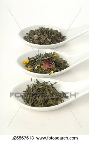Stock Image - Different kinds of tea in porcelain spoon. Fotosearch