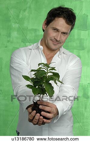 Stock Image - Man holding coffee plant. Fotosearch