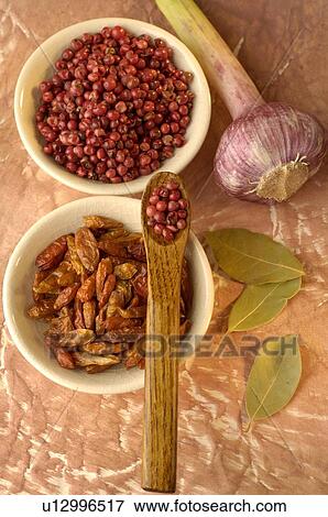 Red peppercorns, chili, laurel and garlic View Large Photo Image Stock Photo - Red peppercorns, chili, laurel and garlic. Fotosearch