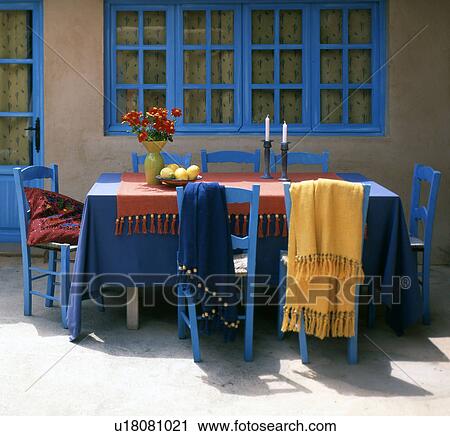 Stock Image - terrace with blankets. Fotosearch