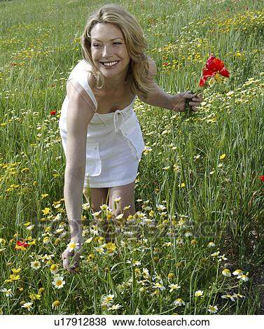 Stock Photo - Woman is picking summer flowers in the meadow. Fotosearch