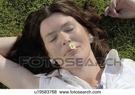 Stock Photo - Woman lying in grass with daisy in her mouth. Fotosearch