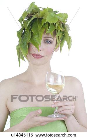 Woman with leaves on her head drinking red wine View Large Photo Image Stock Photography - Woman with leaves on her head drinking red wine. Fotosearch