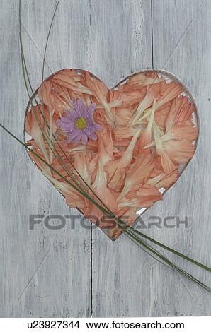 Picture - Wooden plank with heart of blossoms. Fotosearch