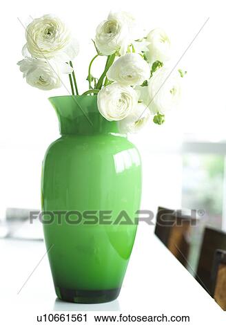 Stock Image - Bouquet of white buttercups in a green vase. Fotosearch