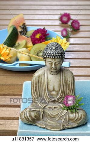 Stock Photo - Exotic fruits with Buddha figure. Fotosearch