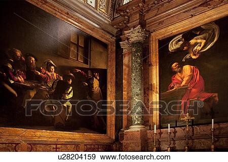 Stock Photo - Church of S. Luigi Francese, Caravaggio, S. Matthew cycle, Christ calling St. Matthew, Matthew and the Angel, Rome. Fotosearch