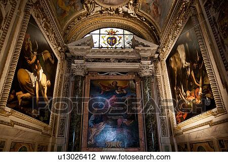 Stock Image - Church of Santa Maria del Popolo, Caravaggio Conversion of St. Paul and Crucifixion of St. Peter, Rome. Fotosearch