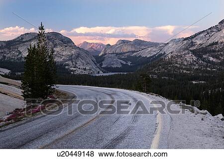 Curving road at Olmsted Point, with view of mountain range and pink clouds of summer sunset, Yosemite View Large Photo Image Stock Photo - Curving road at Olmsted Point, with view of mountain range and pink clouds of summer sunset, Yosemite. Fotosearch