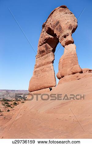Delicate Arch in early morning sunlight against blue sky, single figure standing below, Arches, Utah View Large Photo Image Stock Photo - Delicate Arch in early morning sunlight against blue sky, single figure standing below, Arches, Utah. Fotosearch
