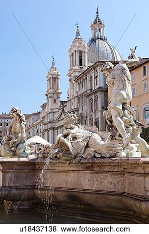 Stock Photo - Detail of Fountain of Neptune, Piazza Navona, with church of Sant'Agnese in Agone behind.. Fotosearch