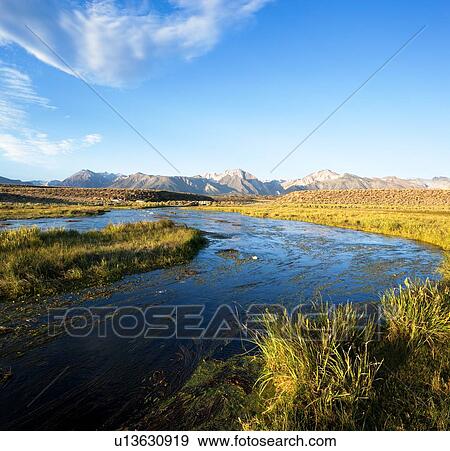 Stock Photo - Flowing river at dawn, set against Sierra Nevada snow-tipped mountain range, with green grassy foreground, and clear blue summer sky. Fotosearch