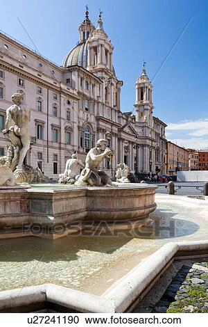 Fontana del Moro, Piazza Navona, with church of Sant'Agnese in Agone beyond, on sunny summer day. View Large Photo Image Stock Image - Fontana del Moro, Piazza Navona, with church of Sant'Agnese in Agone beyond, on sunny summer day.. Fotosearch
