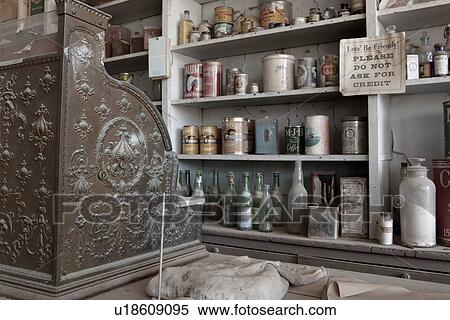 General Store interior with rows of shelves full of items for "purchase", desaturated image, Bodie pioneer village, California View Large Photo Image Stock Photography - General Store interior with rows of shelves full of items for "purchase", desaturated image, Bodie pioneer village, California. Fotosearch