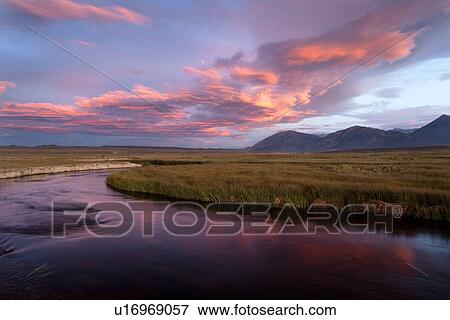 Stock Photo - Owens River curving through grassy flatlands with beautiful pink clouds reflected in the water, on a summer evening. Fotosearch