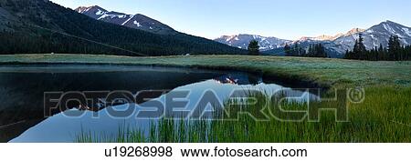 Stock Photo - Panorama of Dana Lakes at dawn with snow-tipped mountain range reflected in still waters, marshland foreground, Yosemite. Fotosearch