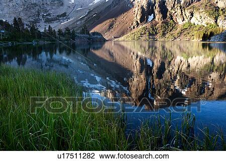 Stock Image - Snow-capped mountains reflected in the still lake waters of Ellery Lake at sunrise, with green grass and marshland surrounding a shallow stream in the foreground, Yosemite. Fotosearch