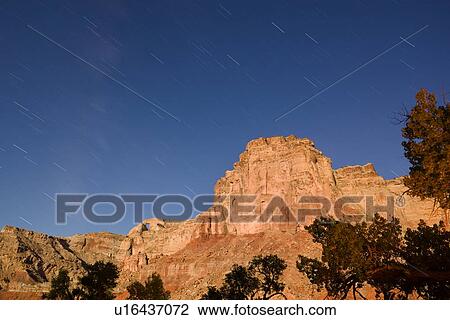 Stock Image - Tomsich Butte at night, with star trails, trees as frame in foreground, Reds Canyon, Utah. Fotosearch