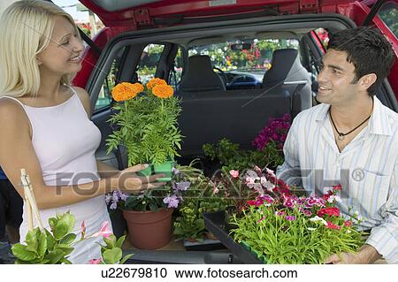 Stock Image - Couple Loading Plants Into Minivan. Fotosearch