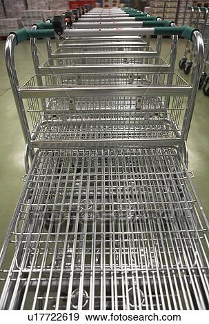 Empty Shopping Carts lined up in a row View Large Photo Image Stock Photo - Empty Shopping Carts lined up in a row. Fotosearch