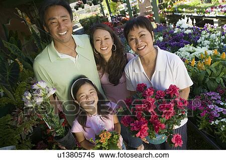 Family holding plants in nursery, portrait, high angle view View Large Photo Image Stock Photography - Family holding plants in nursery, portrait, high angle view. Fotosearch