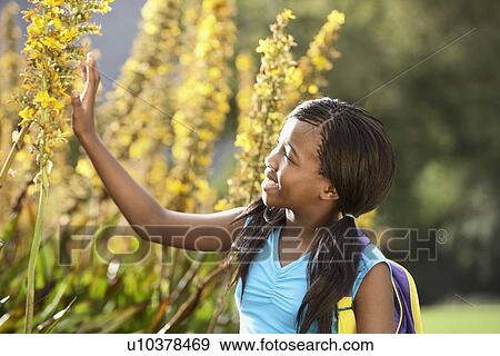 Stock Photo - Girl Looking at Flowers. Fotosearch