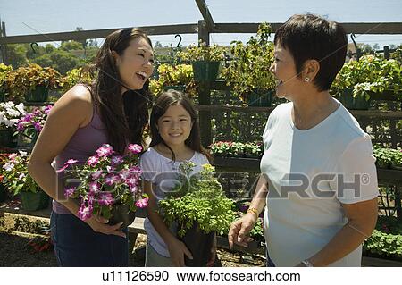 Mother, daughter and grandmother shopping in plant nursery View Large Photo Image Stock Image - Mother, daughter and grandmother shopping in plant nursery. Fotosearch