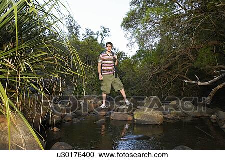 Stock Image - Portrait of teenage boy (16-17 years) standing on stone by river, carrying backpack. Fotosearch
