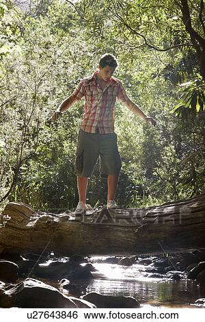 Teenage boy (16-17 years) walking tree trunk above stream View Large Photo Image Stock Photograph - Teenage boy (16-17 years) walking tree trunk above stream. Fotosearch