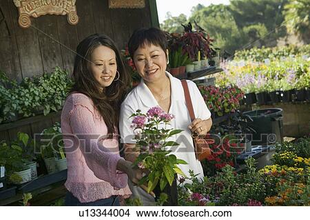 Woman with mother looking at flowers in plant nursery View Large Photo Image Picture - Woman with mother looking at flowers in plant nursery. Fotosearch