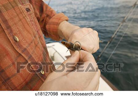 Stock Photo - Fisherman baiting hook on boat, (close-up). Fotosearch