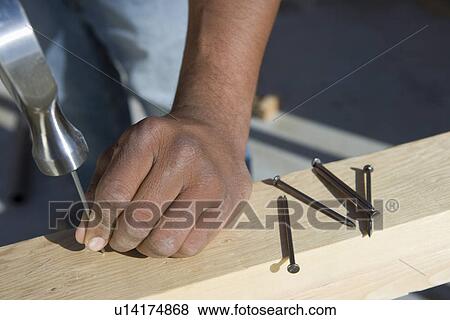 Man hammering nails to wooden plank View Large Photo Image Stock Photo - Man hammering nails to wooden plank. Fotosearch
