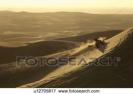 Stock Photo - Man riding quad bike in desert at sunset, back view. Fotosearch