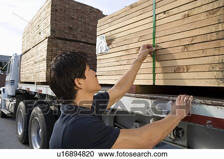 Mid-adult man checking truck loaded with wood View Large Photo Image Stock Image - Mid-adult man checking truck loaded with wood. Fotosearch