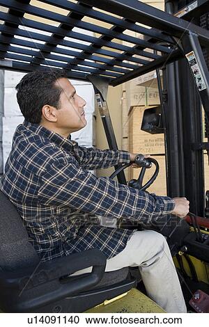 Mid-adult man driving forklift truck View Large Photo Image Stock Image - Mid-adult man driving forklift truck. Fotosearch