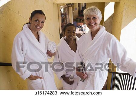 Portrait of three women in bathrobes on stairs View Large Photo Image Stock Image - Portrait of three women in bathrobes on stairs. Fotosearch