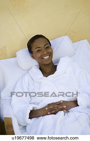 Portrait of woman in bathrobe at health spa View Large Photo Image Stock Photo - Portrait of woman in bathrobe at health spa. Fotosearch