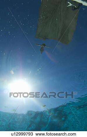 Stock Image - Swimmer jumping from diving board, underwater view. Fotosearch