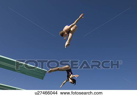Picture - Two women diving from diving board. Fotosearch