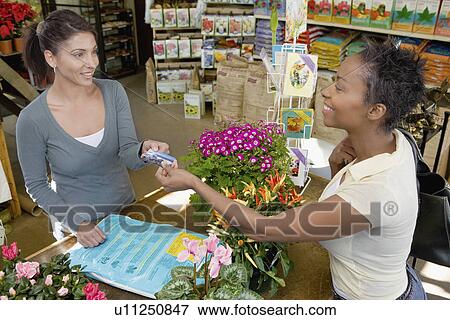 Stock Photo - Woman making purchase at plant nursery. Fotosearch