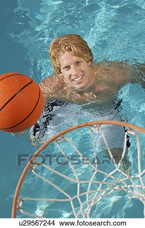 Picture - Young Man Playing Water Basketball, view from above. Fotosearch