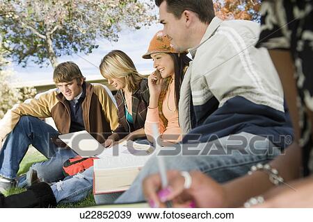 Young students sitting on grass View Large Photo Image Stock Photo - Young students sitting on grass. Fotosearch