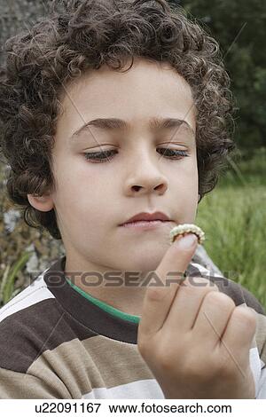 Stock Photo - Boy (7-9) holding caterpillar, outdoors. Fotosearch