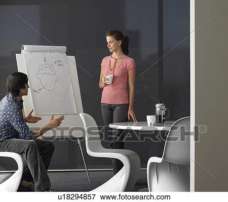 Stock Photo - Business man giving presentation on flipchart. Fotosearch