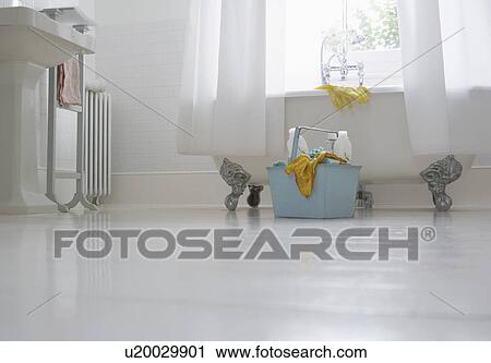Cleaning supplies in bathroom View Large Photo Image Stock Image - Cleaning supplies in bathroom. Fotosearch