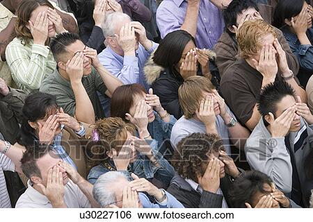Stock Photograph - Crowd covering eyes. Fotosearch