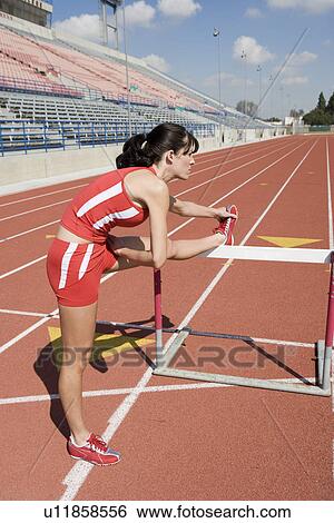 Female athlete stretching on hurdle View Large Photo Image Stock Photograph - Female athlete stretching on hurdle. Fotosearch