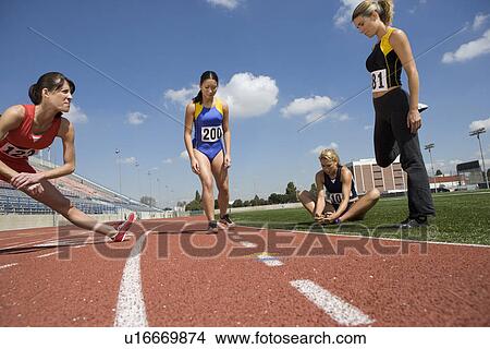 Female athletes warming up for run, low angle view View Large Photo Image Picture - Female athletes warming up for run, low angle view. Fotosearch