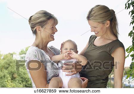 Stock Photo - Grandmother, mother and daughter by lake, half length. Fotosearch
